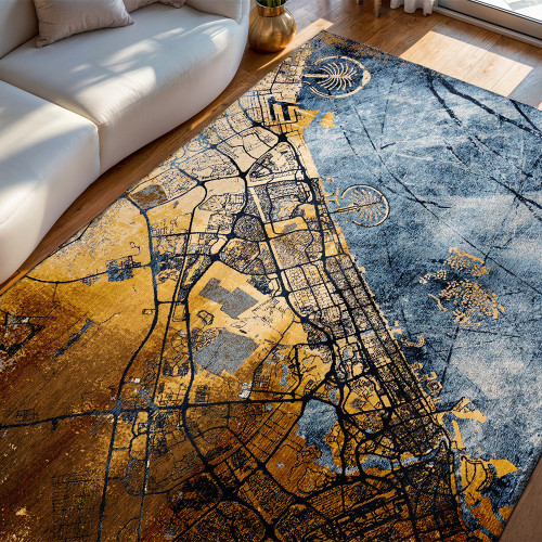 Cities Dubai Gold Sea 9698 Indoor Outdoor Washable Eco Rug
