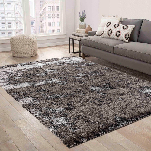 silver shaggy rug in a living room