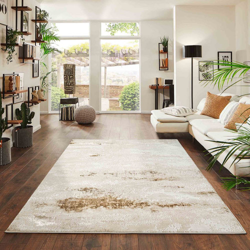 beige abstract rug in a living room