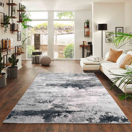 silver grey abstract rug in living room