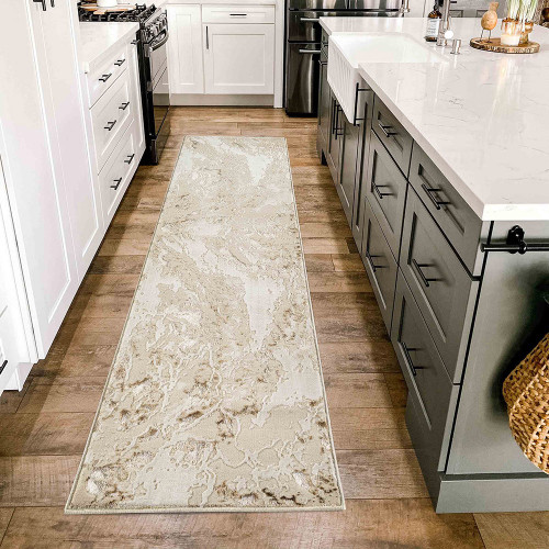 beige abstract rug runner in kitchen