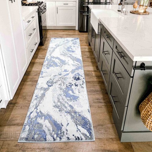 navy grey abstract rug runner in a kitchen