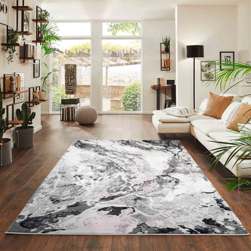 grey abstract rug in a living room