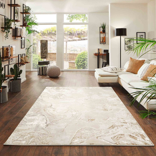 beige abstract rug in a living room