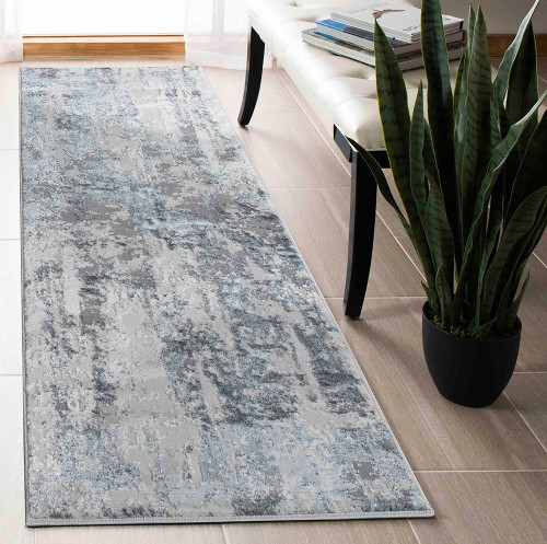 grey abstract rug runner in hallway