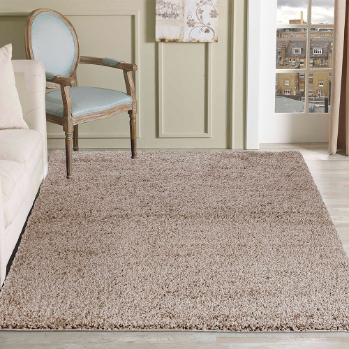 plain shaggy light beige rug in a living room