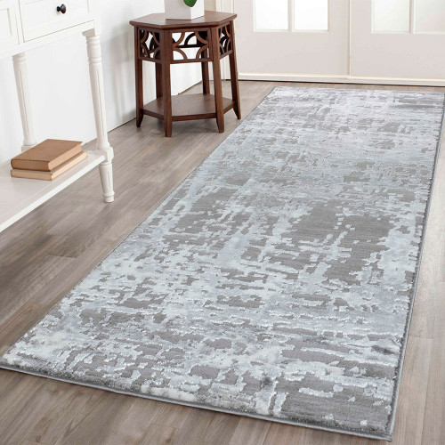 modern abstract lines grey rug runner in a hallway