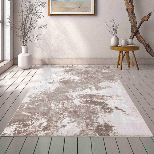 modern abstract sprayed stone rug in a living room