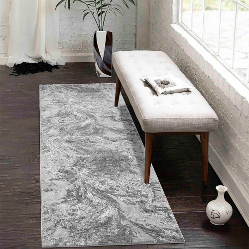modern abstract water flow grey rug runner in a hallway