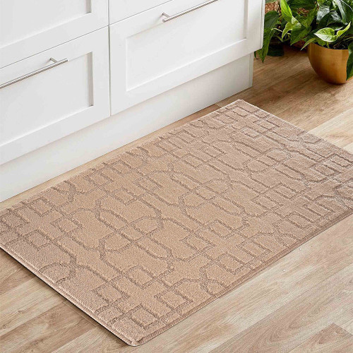 cubed trellis beige doormat in a living room