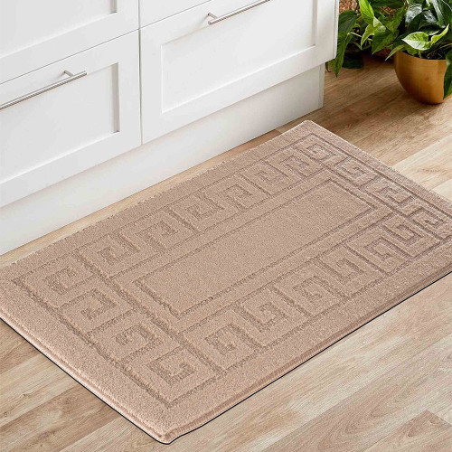 cubed trellis beige doormat in a living room