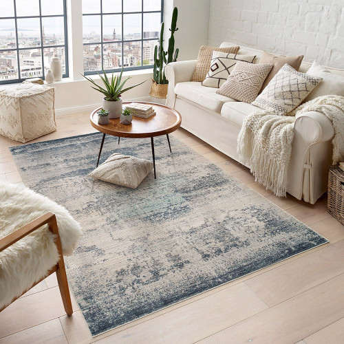 abstract navy rug in a living room