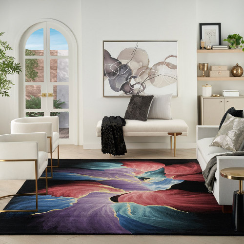 black abstract rug in a living room with furniture