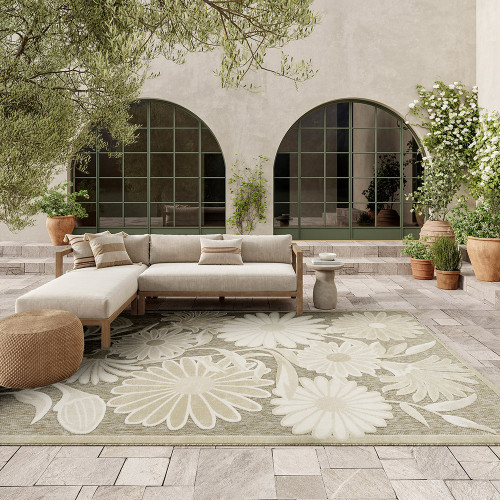 floral ivory sage rug outdoors with furniture and plants