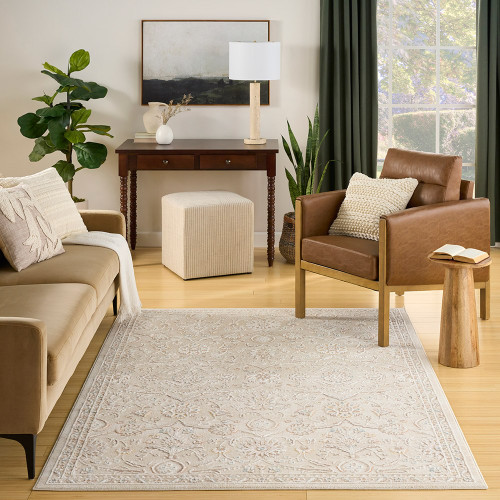 ivory traditional rug living room with natural decor