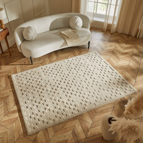 beige wool rug in a living room with natural decor