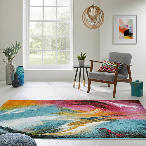 multicolour abstract rug in a living room with matching decor
