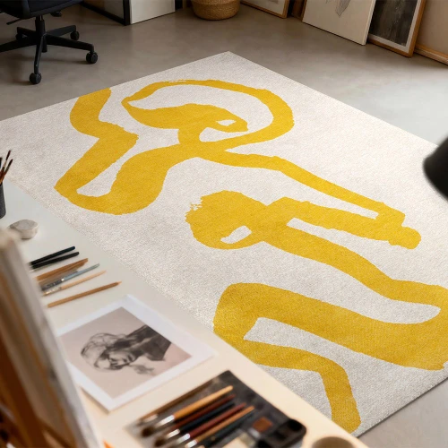 yellow cream eco rug in a living room