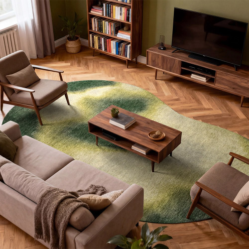 green peanut shape rug in a living room with matching decor