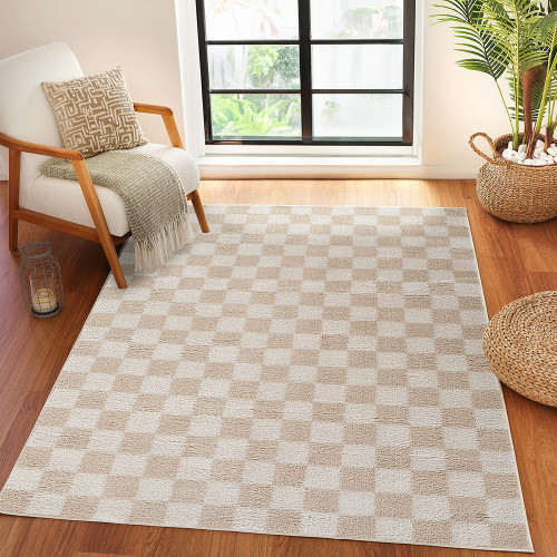 beige checker shaggy rug in a room with matching decor