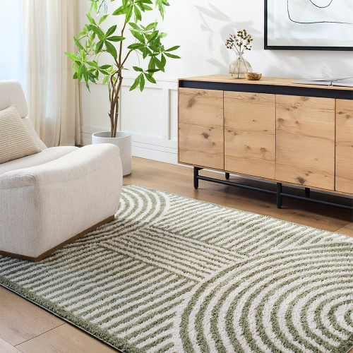 green geometric shaggy rug in a room with matching decor