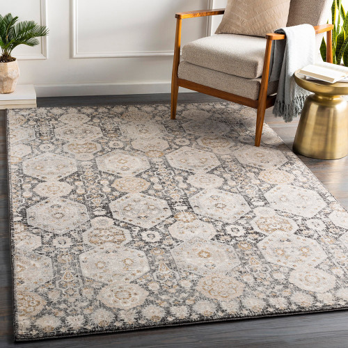 black traditional rug in a room with matching decor