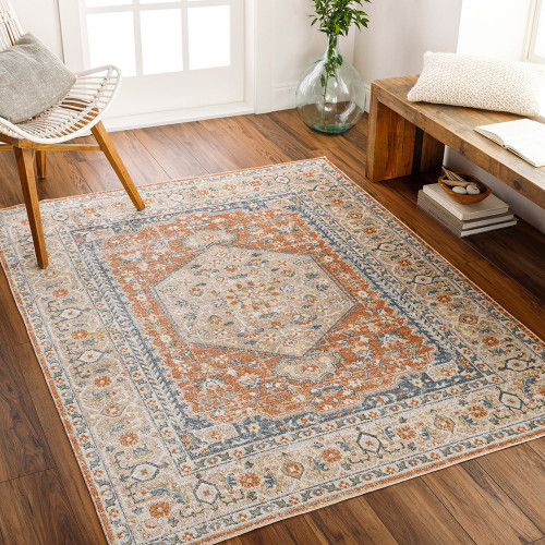 orange traditional rug in a room with matching decor