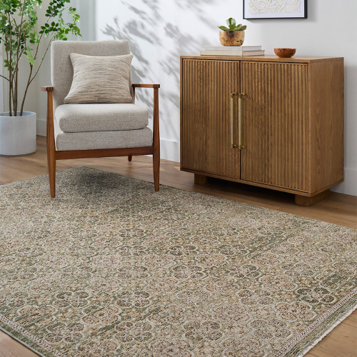 olive abstract rug in a room with matching decor