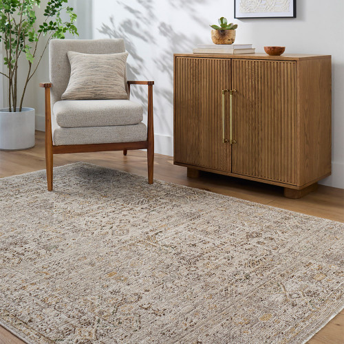 taupe abstract rug in a room with matching decor