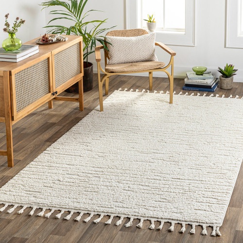 ivory berber geometric rug in a room with matching decor