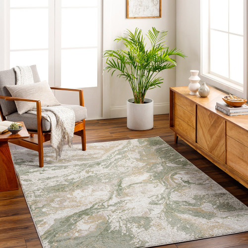 green abstract rug in a room with matching decor