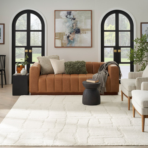 ivory wool rug in a room with matching decor