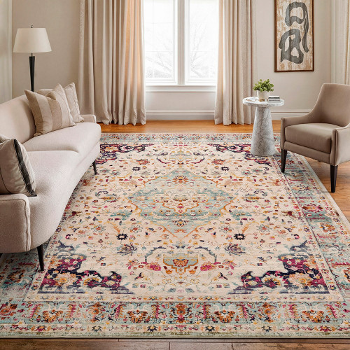 blue gold traditional rug in a room with matching decor