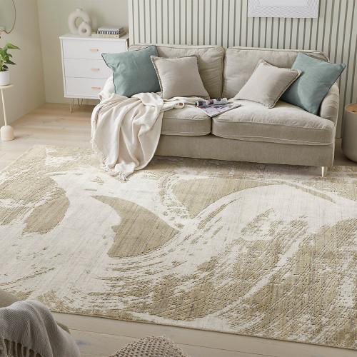ivory mink abstract rug in a living room with matching decor