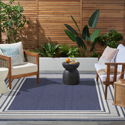 navy geometric indoor outdoor rug outside