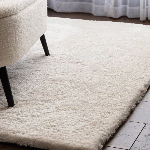 ivory shaggy rug in a living room with matching decor