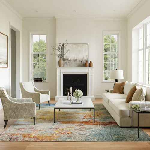 abstract sealife rug in a living room with white furniture 