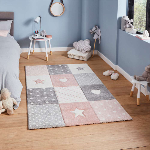Brooklyn 20339 Childrens Stars and Hearts Pink and Grey Rug