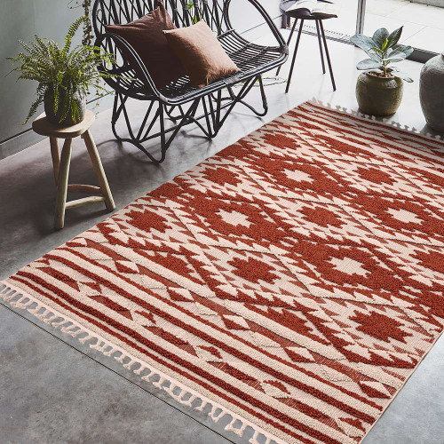 Taza TA03 Terracotta Geometric Thin Fringed Rug