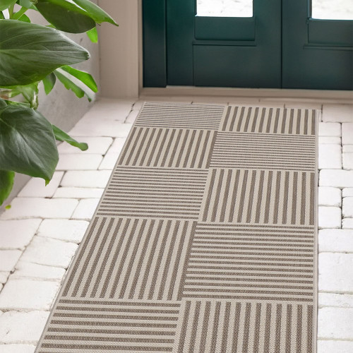 County Multi Stripe Natural Rug Runner on a patio