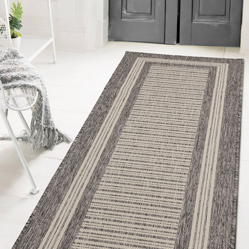Flatweave Gel Border Steel Grey Rug Runner