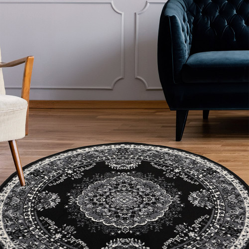 Maestro Traditional Black Grey Circle Rug