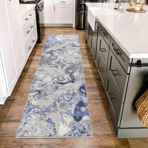 navy grey abstract rug runner in a kitchen