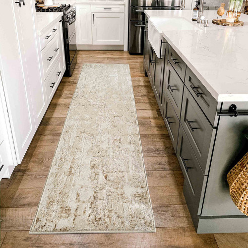 beige abstract rug runner in a kitchen