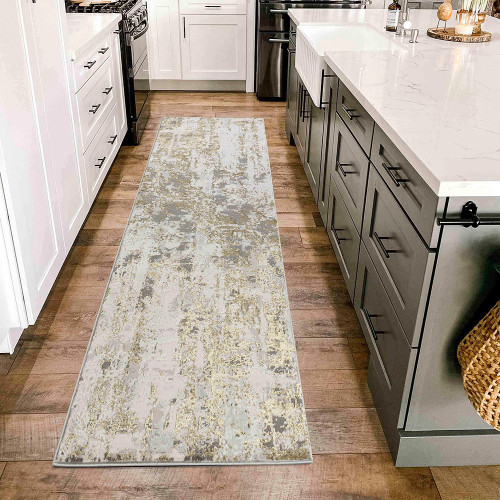 gold grey abstract rug runner in a kitchen