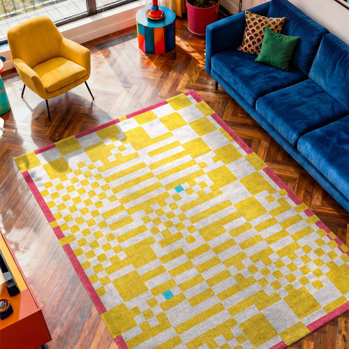 yellow chess eco rug in a living room with matching decor