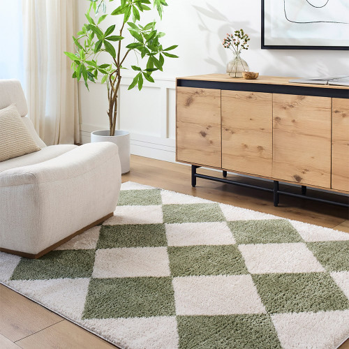 green diamond shaggy rug in a room with matching decor