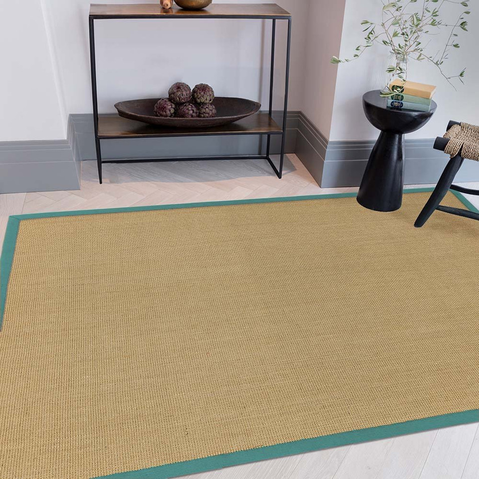 Sisal Rug Linen Aqua Border