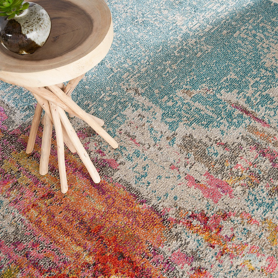 abstract sealife rug closeup with side table