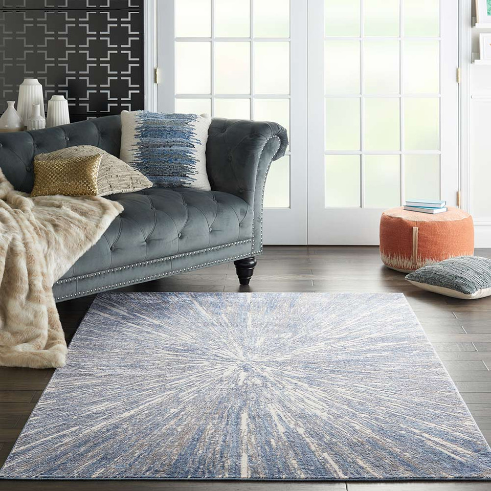 Abstract Silky Textures SLY05 Blue Ivory Grey Rug